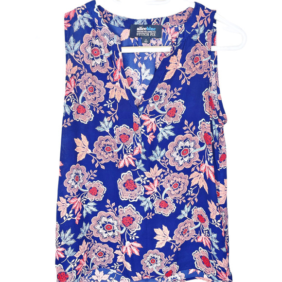 Alice Blue Stitch Fix Simona Henley Blouse Sleeveless Blue Floral Top Size Small - Picture 2 of 6